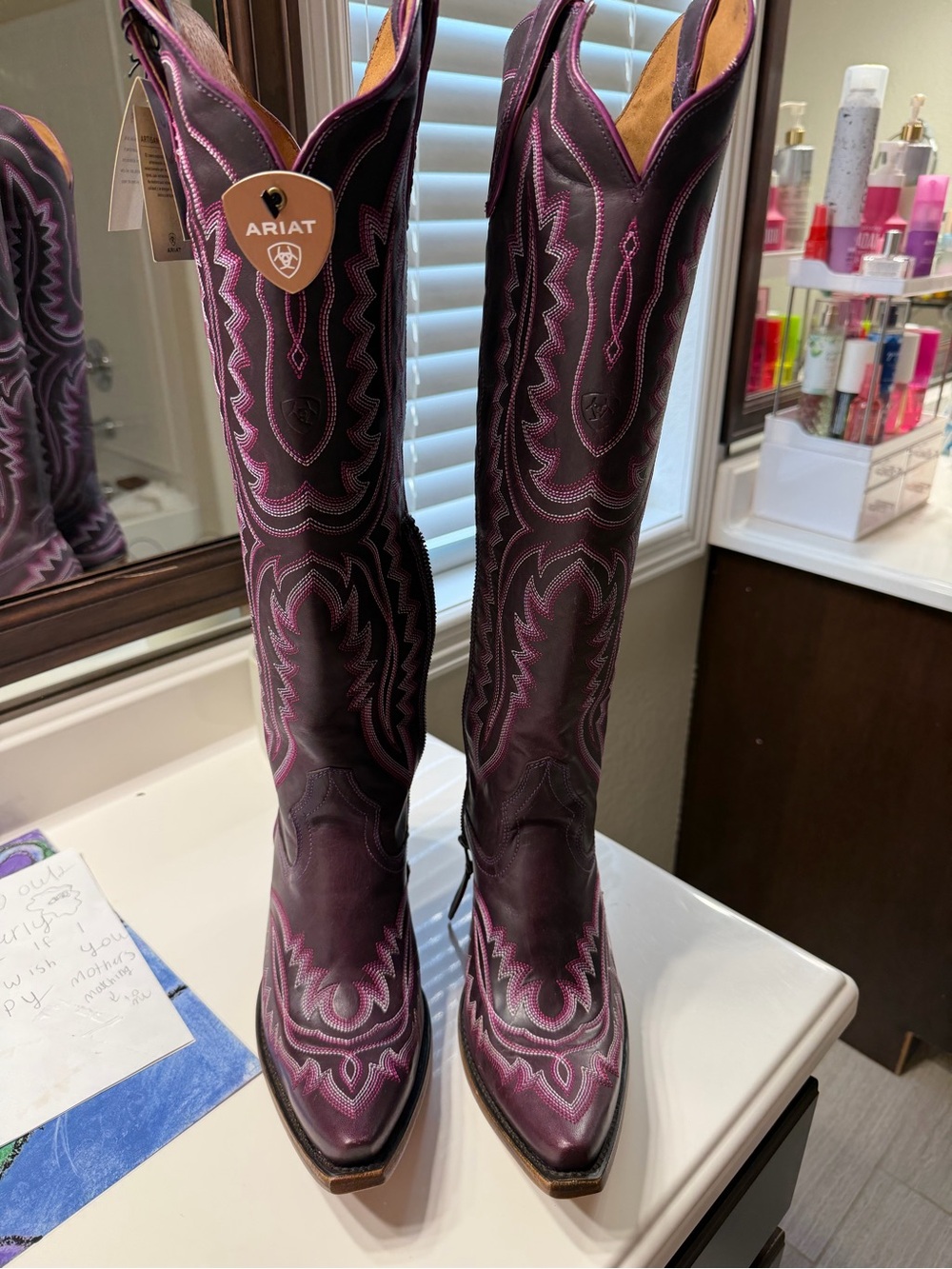 Ariat Casanova Deep Amethyst Western Knee-High Boots with Pink Stitching - Picture 2 of 6
